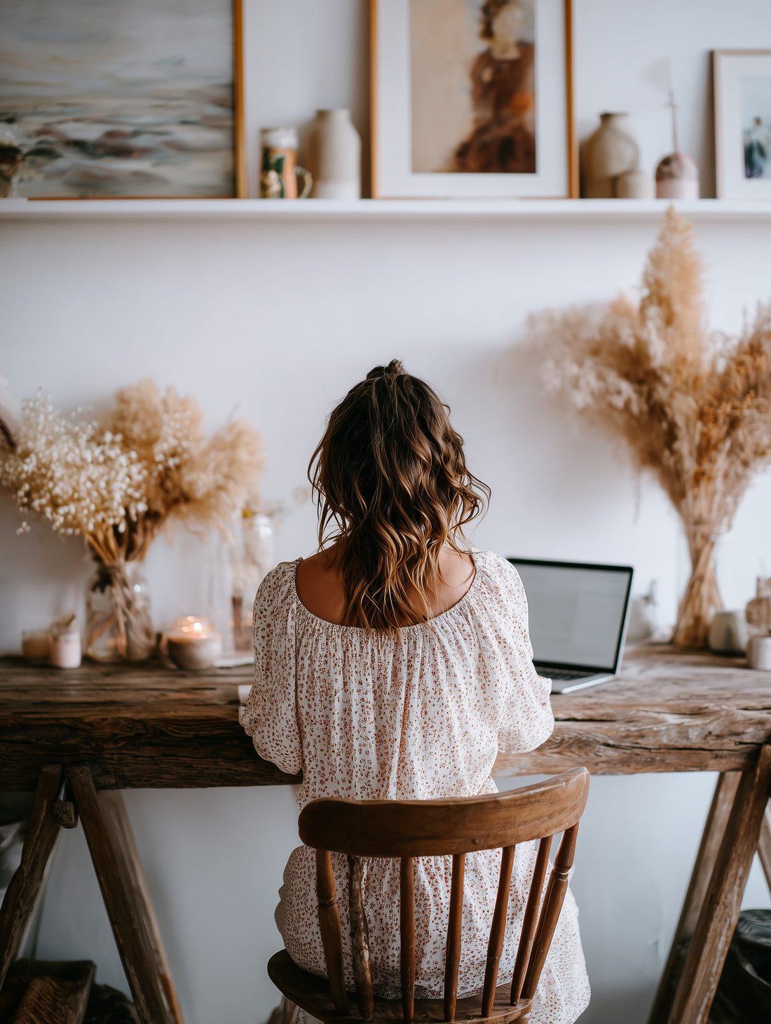 Photo of a woman working on a laptop in a bohemian styled office space, creative business owner