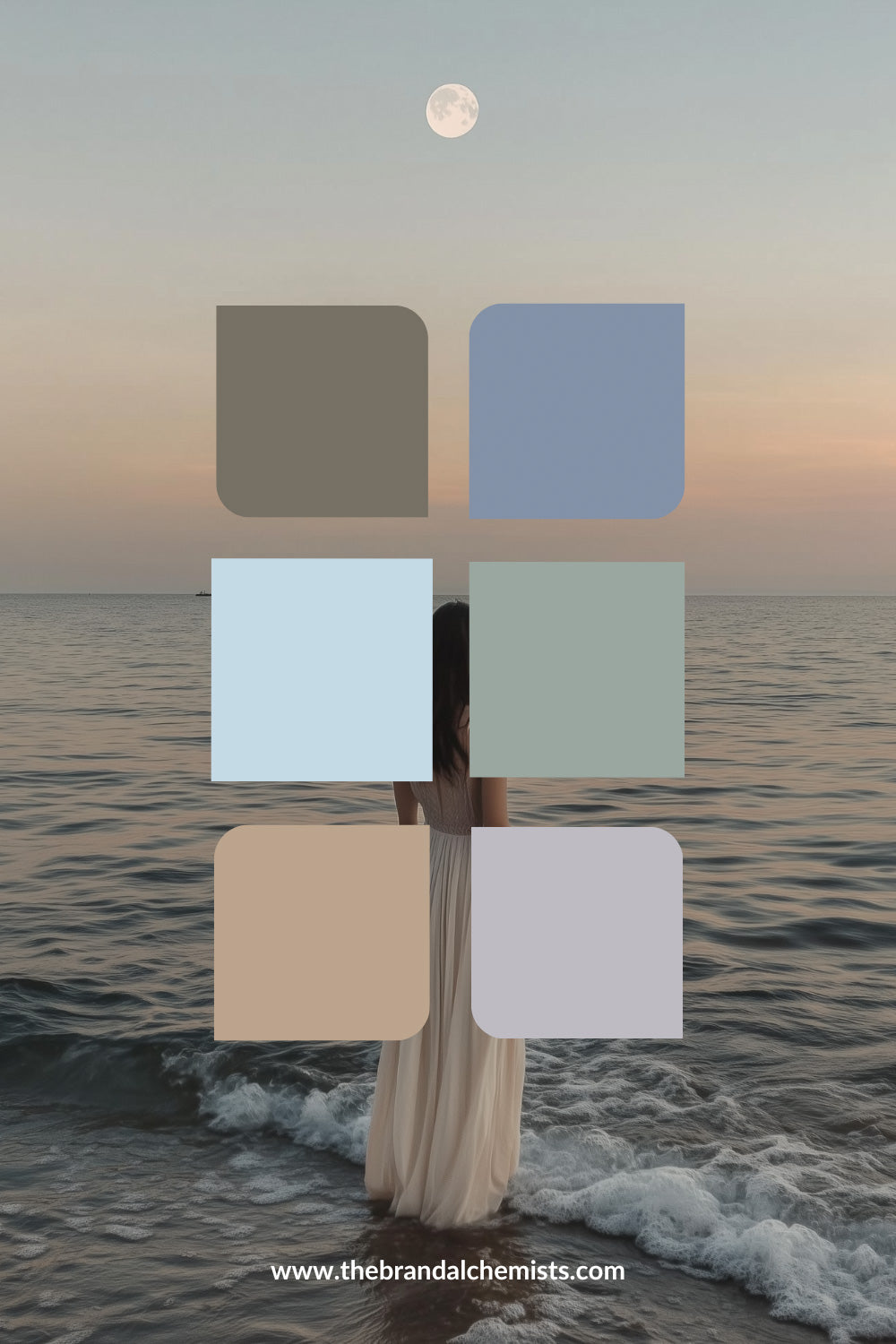 Color palette overlay on a serene ocean sunset scene with a woman in a flowing dress under a full moon, featuring dusty blue, sage green, warm clay, and misty grey tones.