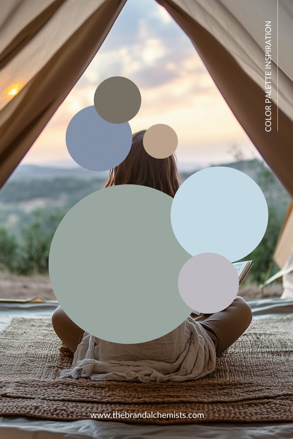 Nature-inspired color palette circles over a peaceful camping scene with a woman seated inside a tent, gazing at the soft sunrise over rolling hills.