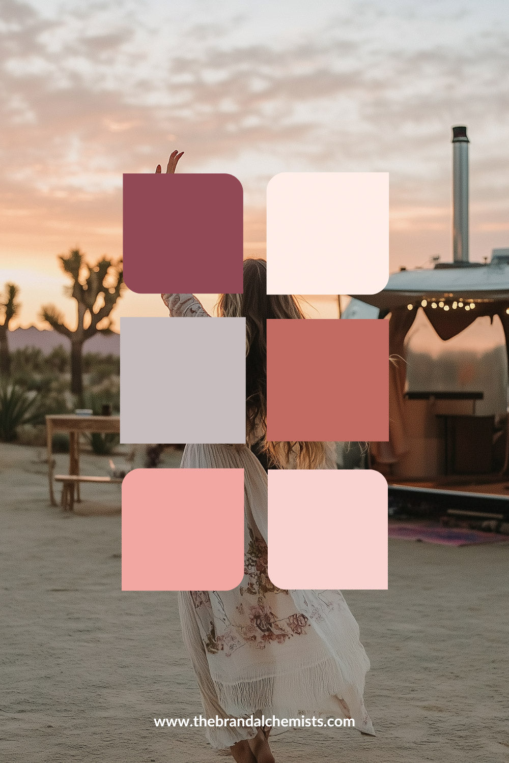 Color palette with soft blush and terracotta shades overlaid on an image of a woman walking through a desert scene at sunset, with warm pink and peach hues in the sky.