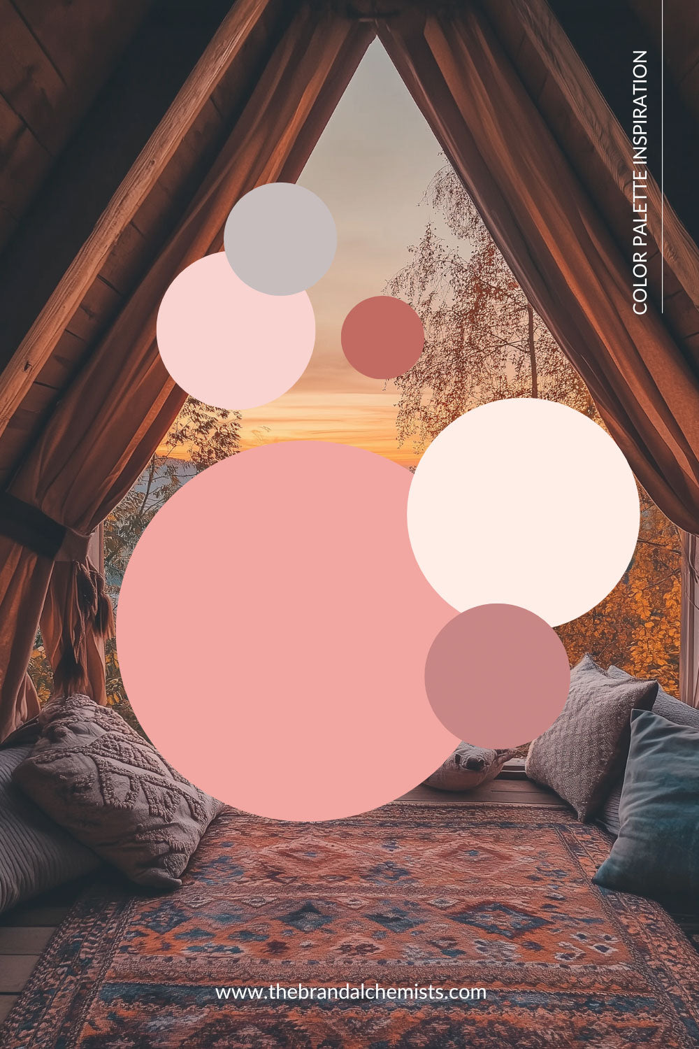 Color palette circles overlaid on a cozy cabin interior with a window view of a glowing sunset, featuring shades of blush, peach, and warm terracotta.