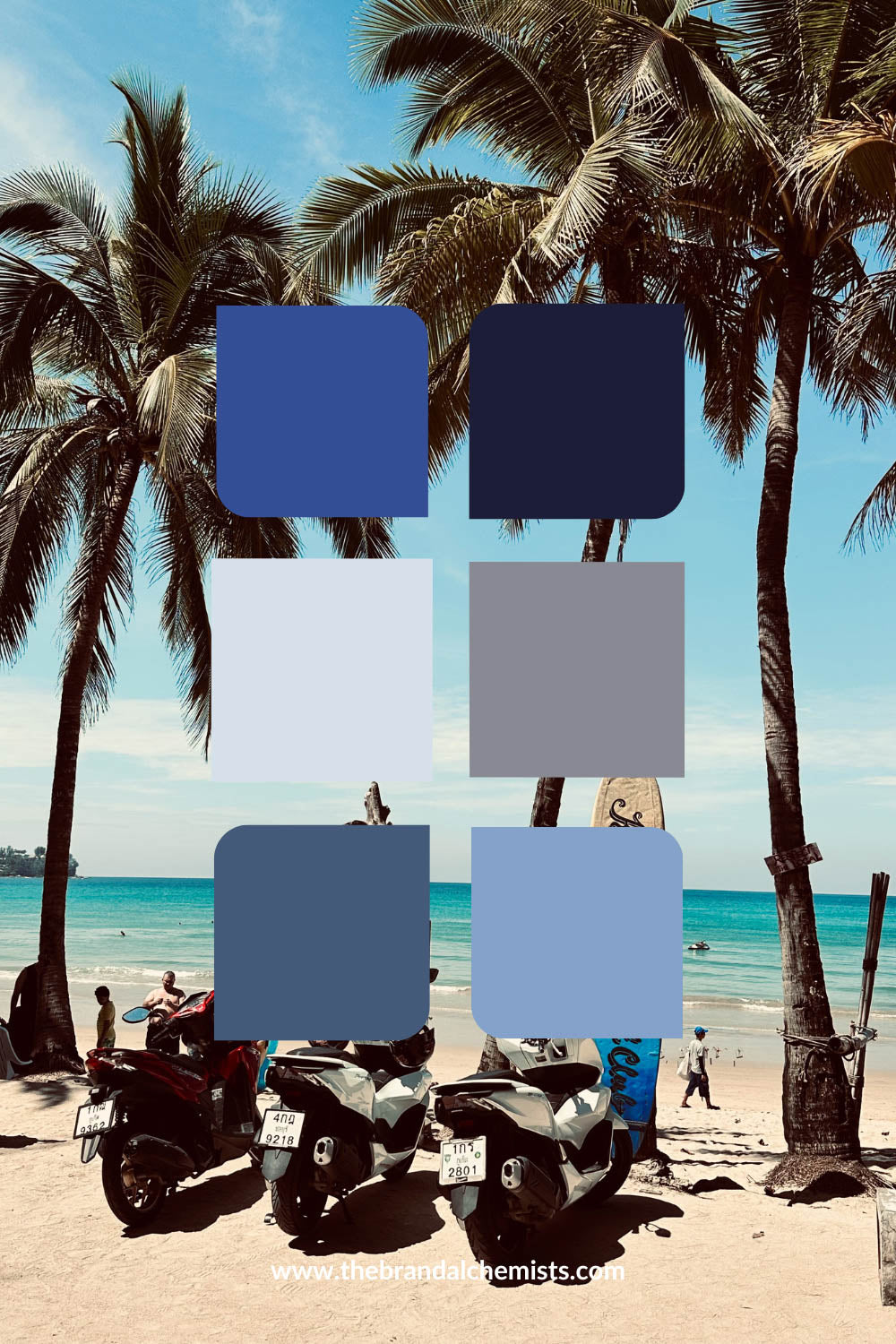 Calm Sapphire color swatches overlaid on a tropical beach scene with palm trees and ocean, showcasing tranquil and coastal design tones.