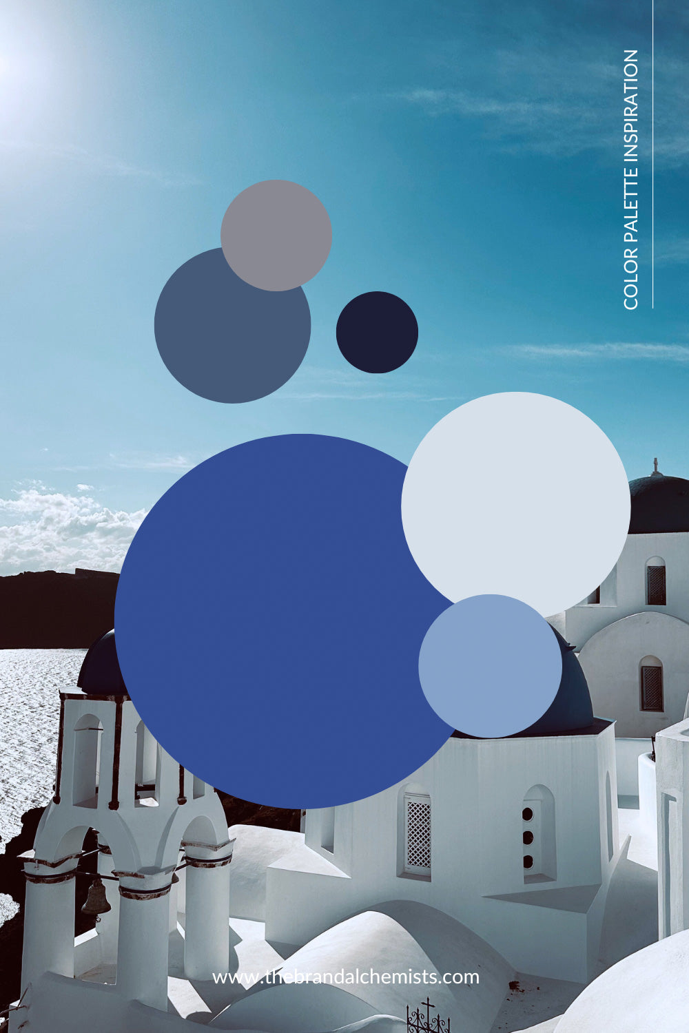 Color palette in circular overlays on a Santorini rooftop scene with whitewashed buildings and blue sky, evoking peaceful, elegant brand vibes.