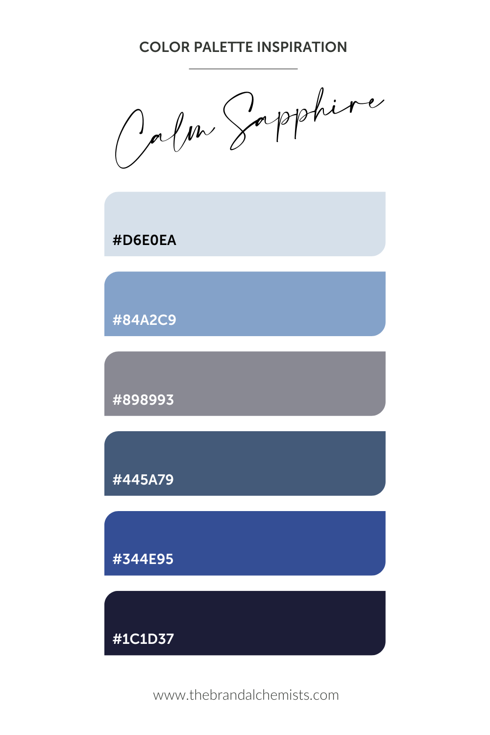 Calm Sapphire color swatches with hex codes: navy #1C1D37, cobalt #344E95, slate #445A79, steel grey #898993, light blue #84A2C9, and pale sky #D6E0EA.