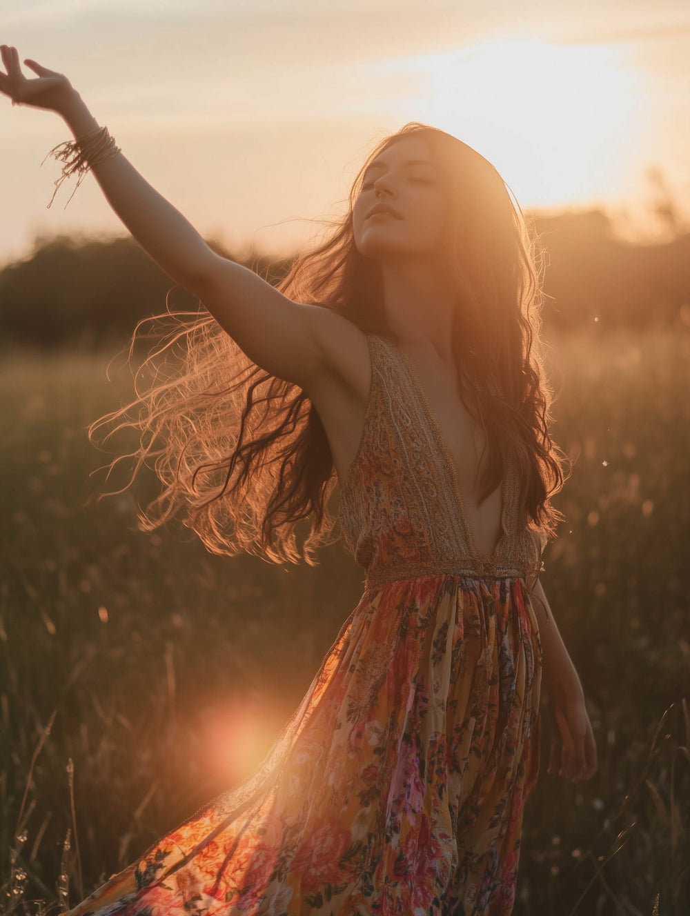 Cosmic Creator Stock Images: Woman in long floating dress embracing the magic feeling of sunset, soaking in the energy of time spent in nature, spiritual coach stock images