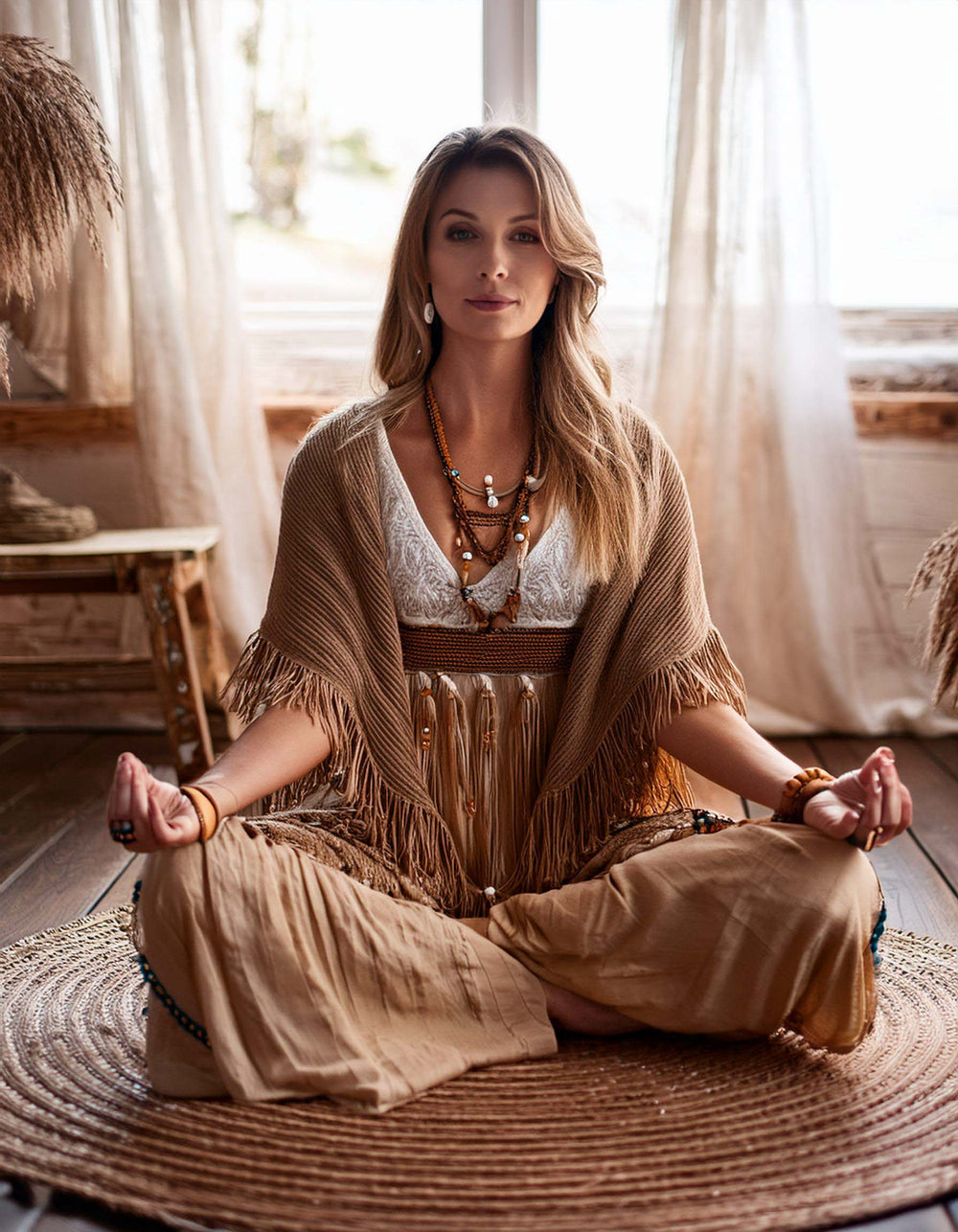 Cosmic Creator Stock Images: Woman sitting in meditation, bohemian clothing and minimal interior, spiritual coach stock images