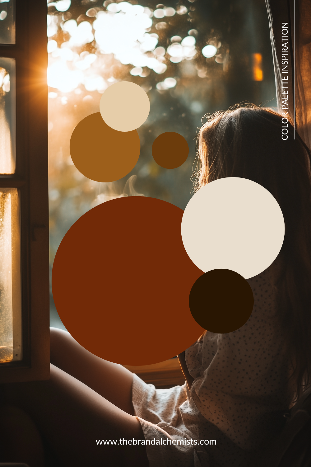 Desert Dunes palette as circular overlays on a softly lit photo of a woman by a window, evoking warmth and desert dusk vibes.