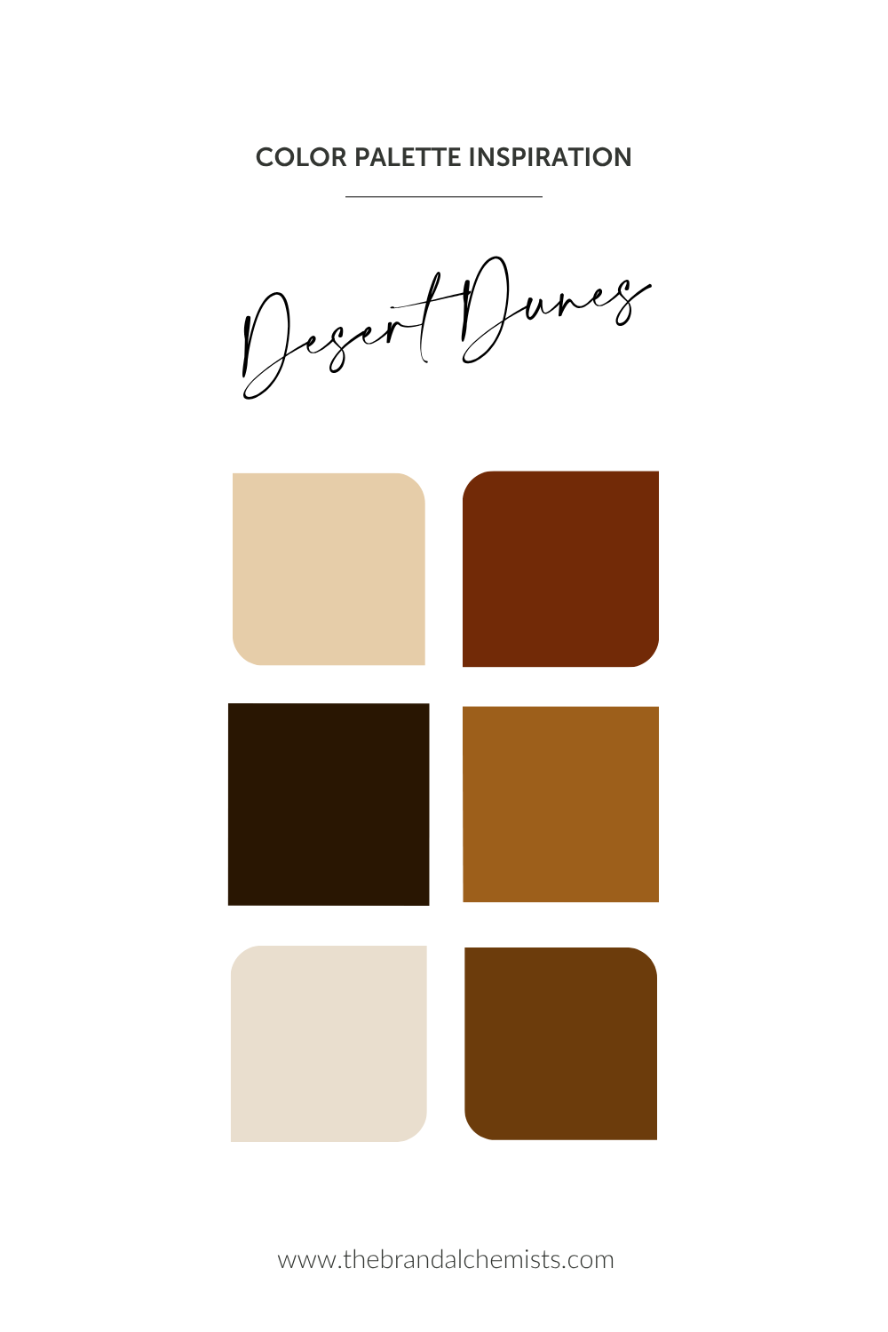 A color palette board titled 'COLOR PALETTE INSPIRATION' with the script text 'Desert Dunes' above six rounded square swatches in warm neutral and earthy tones on a white background.