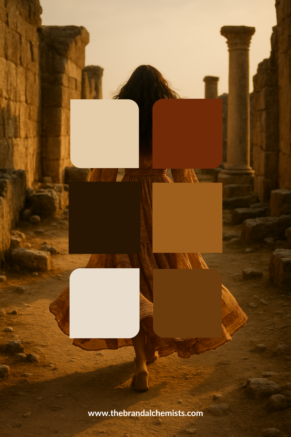 A woman in a flowing tan dress stands in a sunlit ancient stone corridor with columns, viewed from behind. A large central color palette overlay shows cream, rust, black, brown, tan, and medium brown blocks.