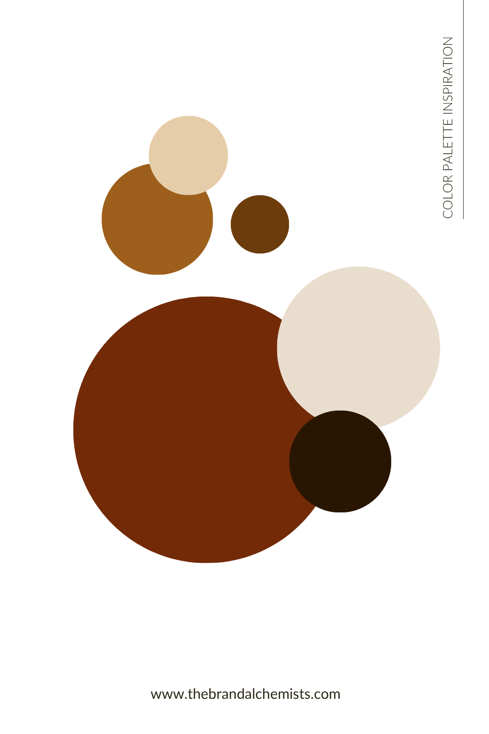 A minimalist color palette inspiration graphic featuring overlapping circles in shades of dark brown, medium brown, tan, cream, and black on a white background, with vertical text reading 'COLOR PALETTE INSPIRATION' and a website URL at the bottom.