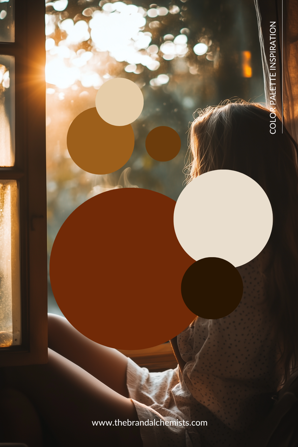 A lifestyle photograph of a woman sitting by a window in warm golden-hour light, overlaid with large abstract circles in terracotta, cream, tan, and dark brown. Vertical text reads 'COLOUR PALETTE INSPIRATION' and the website 'www.