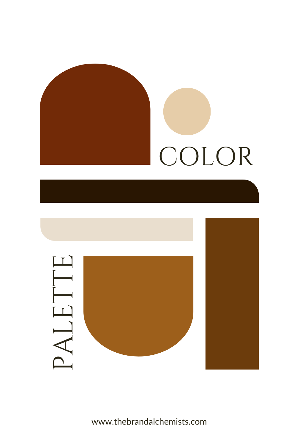 A minimalist color palette graphic with abstract geometric shapes in warm brown, tan, cream, and dark brown tones on a white background, with the words 'COLOR PALETTE' and a website URL at the bottom.