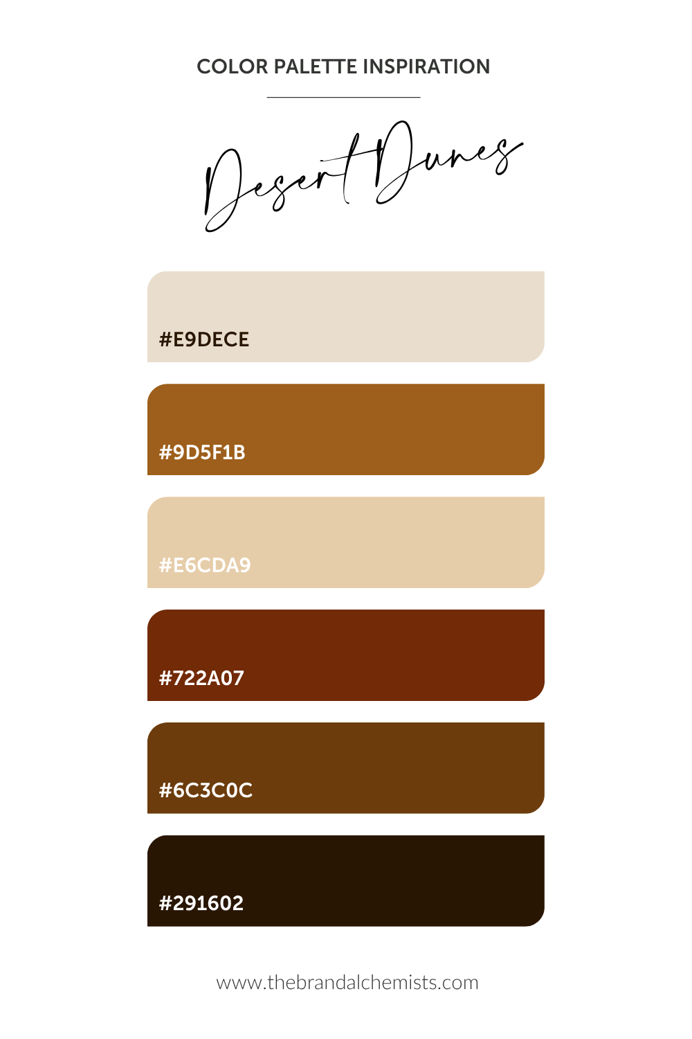 A color palette card titled 'Color Palette Inspiration Desert Dunes' showing six horizontal color swatches in warm neutral and earthy tones, with hex codes and the website www.thebrandchemists.