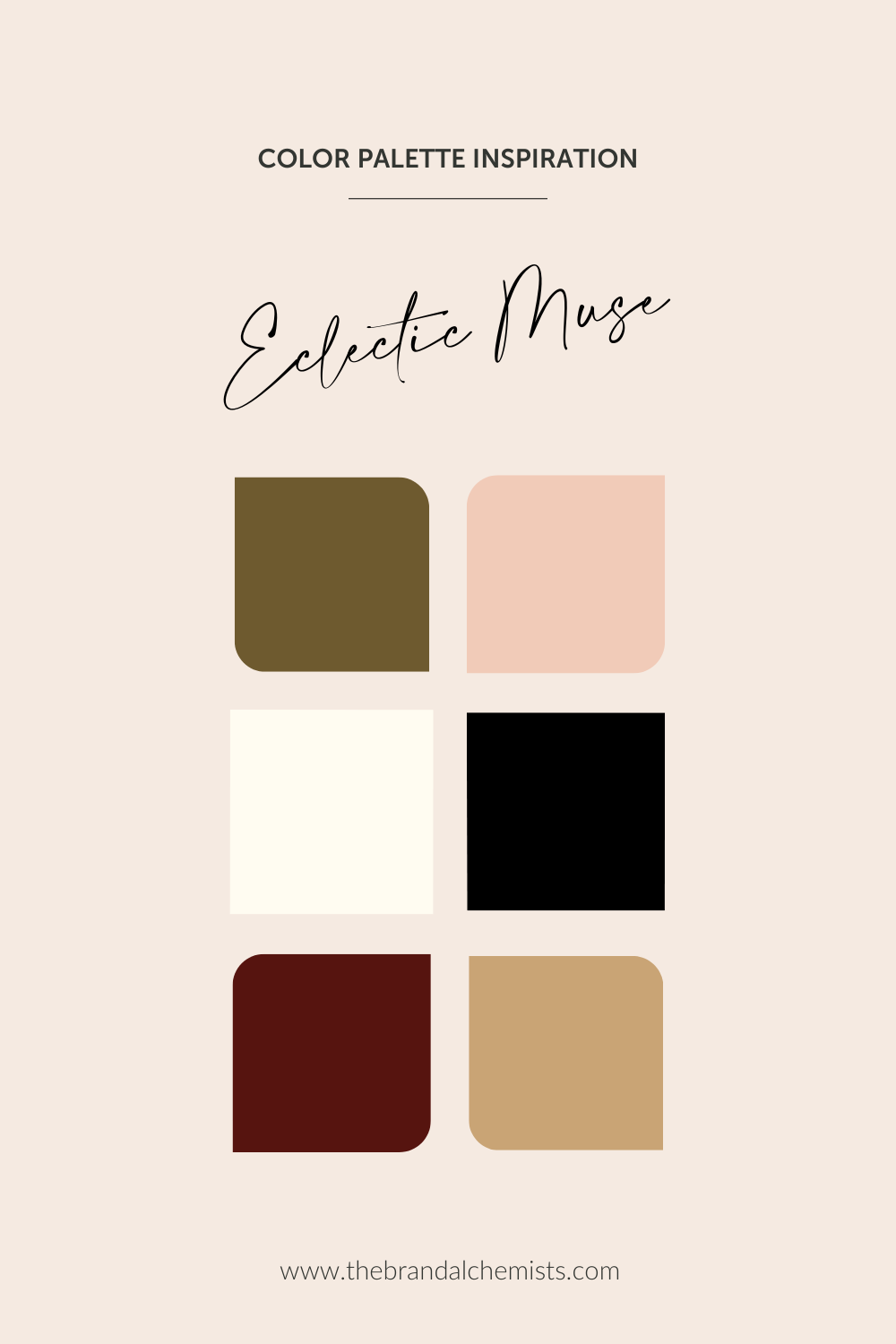Eclectic Muse color palette featuring earthy olive green, soft peach, creamy ivory, bold black, rich wine red, and muted tan for a nostalgic and romantic brand aesthetic.