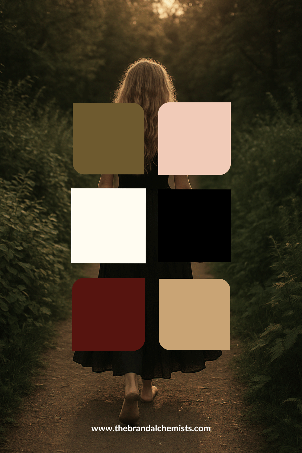 Eclectic Muse color palette overlaying a moody photo of a woman walking down a woodland path at sunset, featuring deep olive, soft peach, vintage ivory, black, wine red, and caramel brown for dreamy, witchy branding.