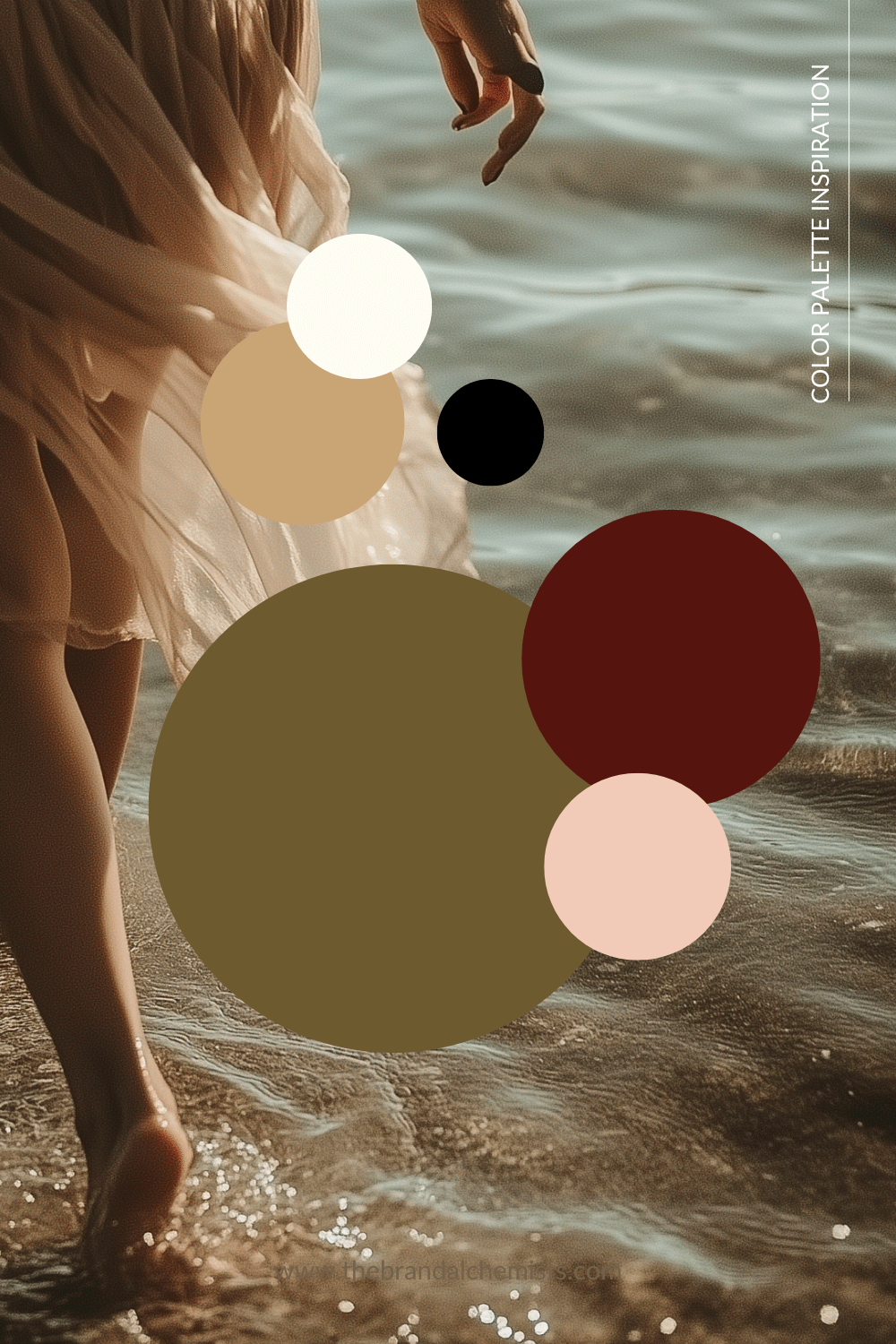 Color palette overlay on a romantic image of a woman walking at the shoreline in a sheer dress, showcasing olive green, rose blush, ivory white, golden tan, deep black, and rich red for whimsical, bohemian branding inspiration.