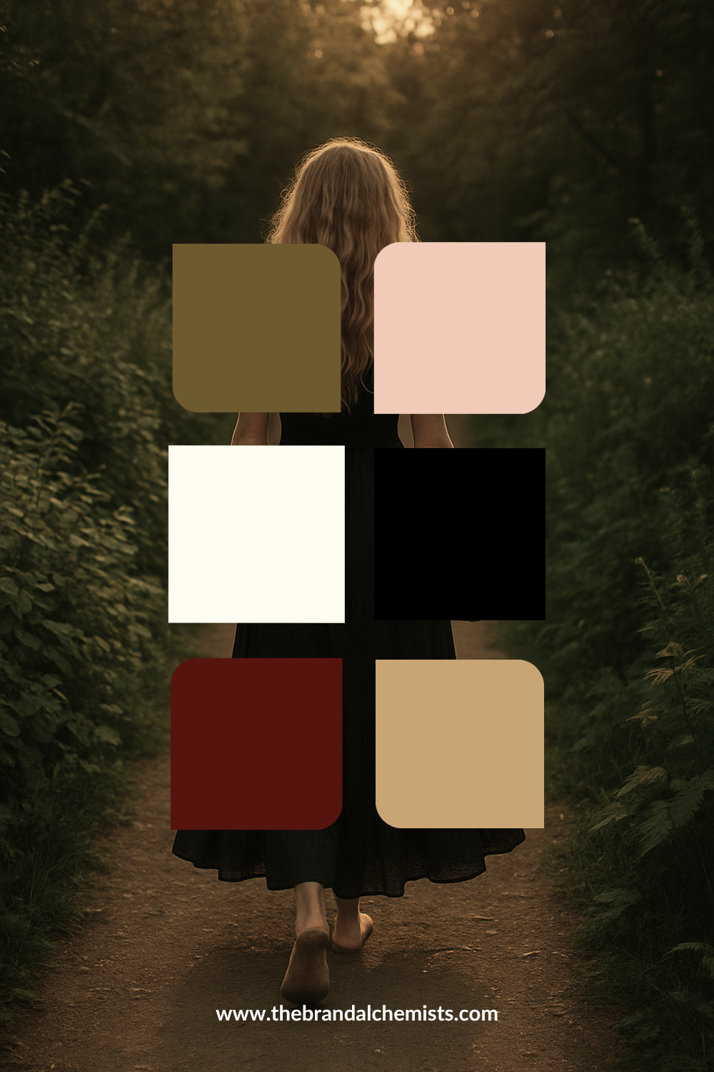 A woman seen from behind walking on a forest path at dusk, with six large color swatches overlaid on the center of the image. The swatches are olive green, blush pink, off-white, black, deep burgundy, and warm beige.