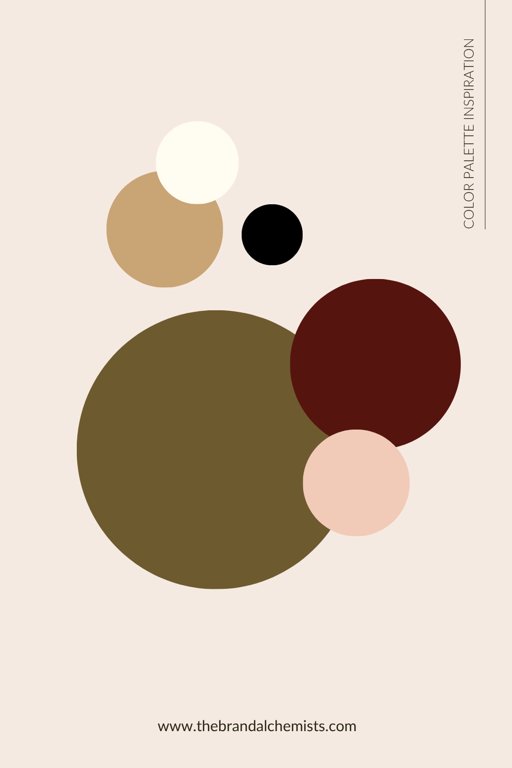 A minimalist color palette card featuring overlapping circles in beige, white, black, olive green, burgundy, and blush pink on a light beige background, with the text 'COLOR PALETTE INSPIRATION' and 'www.thebrandalchemists.