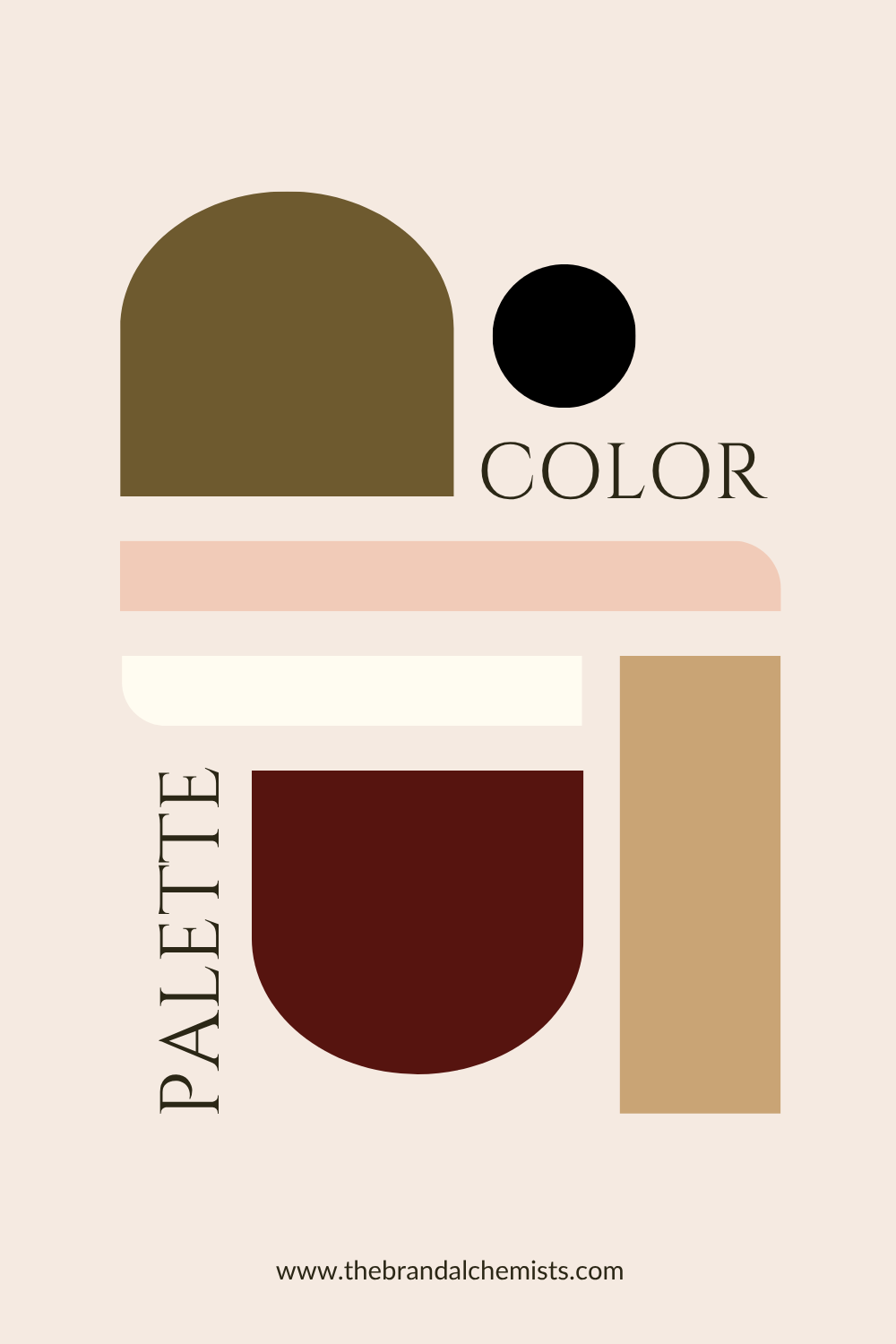 A minimalist color palette graphic on a warm beige background, featuring abstract color blocks in olive green, black, blush pink, cream, tan, and deep burgundy, with the words 'COLOR PALETTE' and a website URL at the bottom.