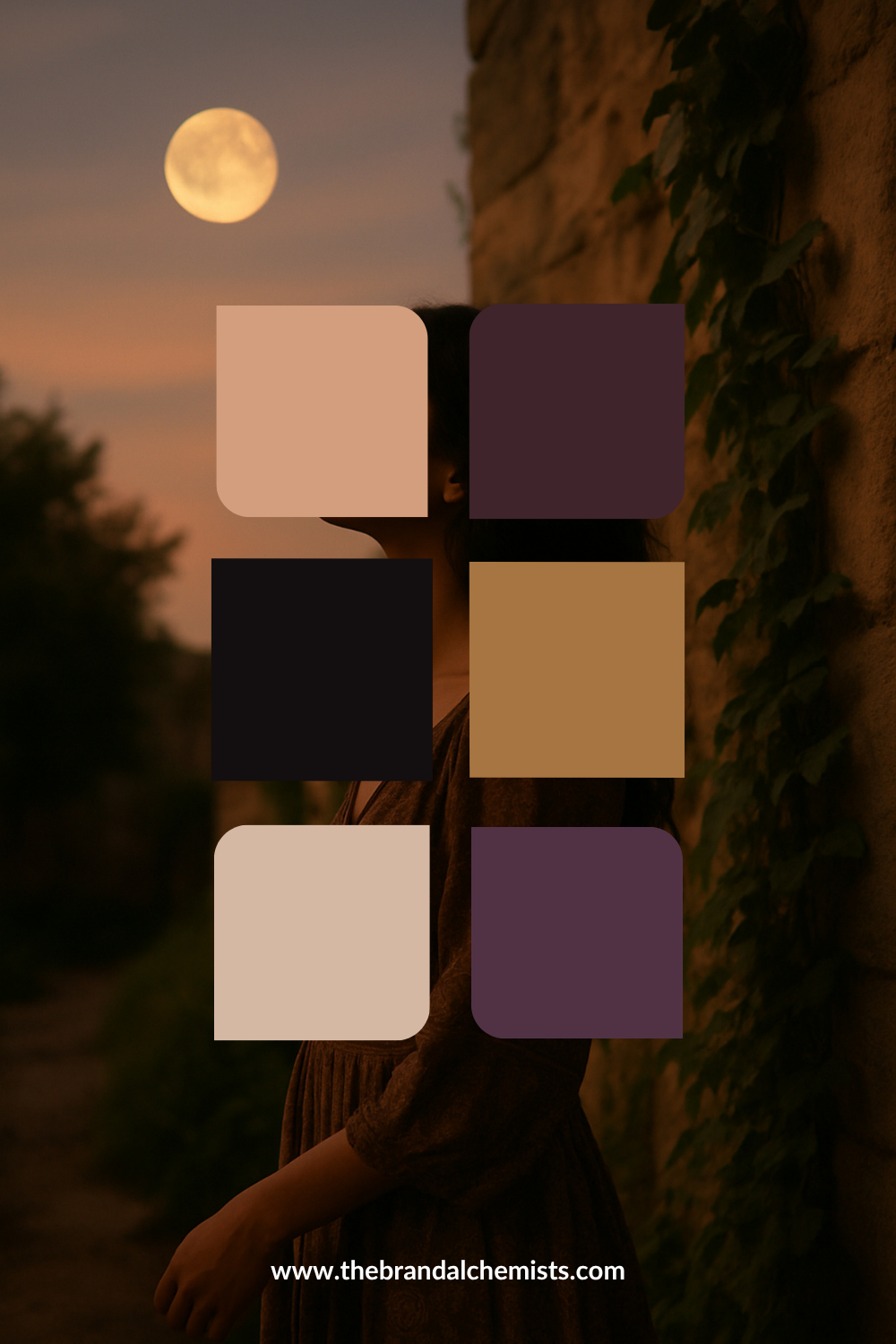 A warm-toned color palette graphic over a moody lifestyle photo of a woman standing in a vine-covered stone alley at dusk under a full moon. Six rounded-square color swatches are overlaid in the center: blush beige, plum purple, near-black charcoal, camel tan, off-white cream, and medium purple.
