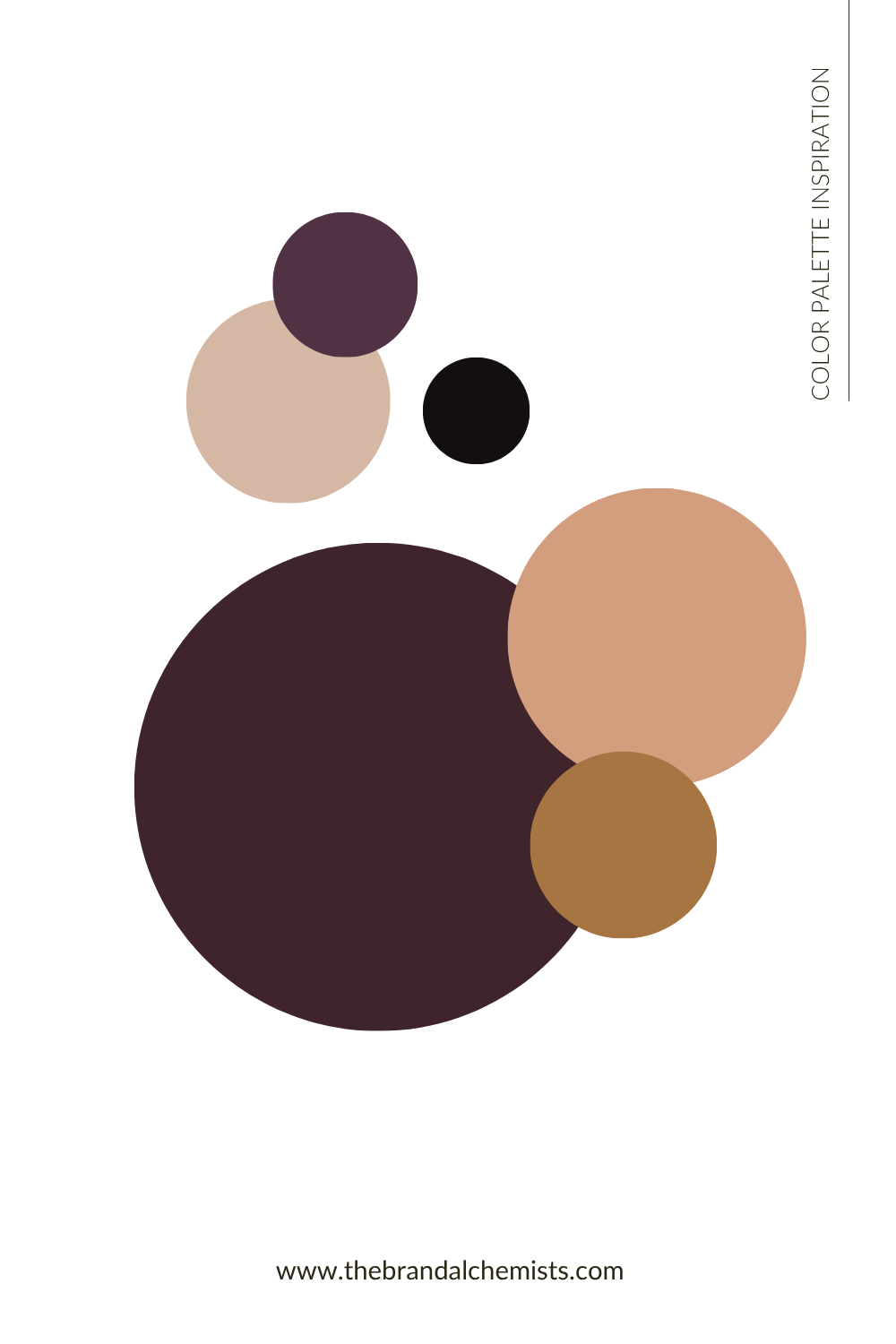 A minimalist color palette inspiration graphic featuring overlapping circles in deep plum, beige, black, peach, and brown on a white background, with the text 'COLOR PALETTE INSPIRATION' and 'www.thebrandalchemists.