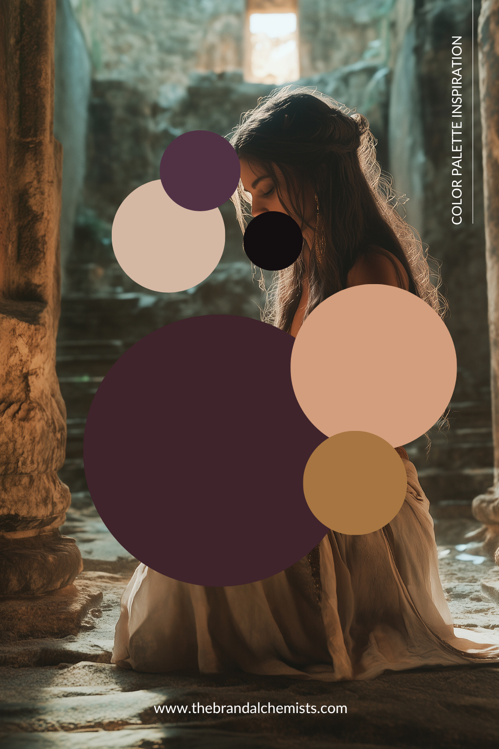 A woman in a beige dress kneels in a stone interior, with large overlapping color circles over her face and clothing. Vertical text reads 'COLOR PALETTE INSPIRATION' and a website URL appears at the bottom.