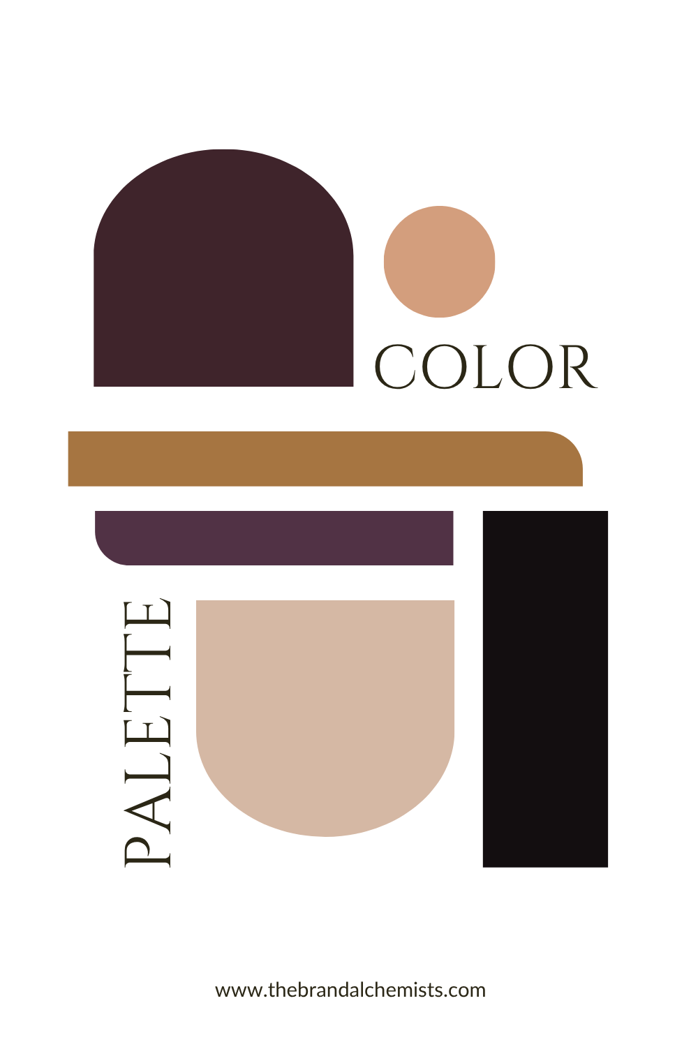 A minimalist color palette graphic with abstract geometric shapes in dark plum, tan, mustard, mauve, cream, and black on a white background, with the words 'COLOR PALETTE' and a small website URL at the bottom.