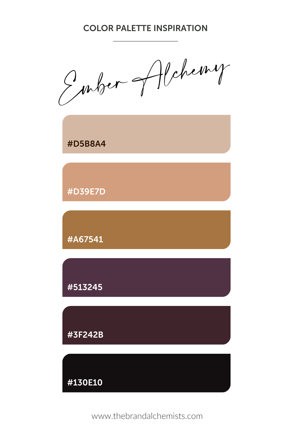 A color palette card titled 'Ember Alchemy' with six horizontal color swatches in warm beige, peach, tan, plum, burgundy, and black, plus the text 'COLOR PALETTE INSPIRATION' and the website www.thebrandalchemists.
