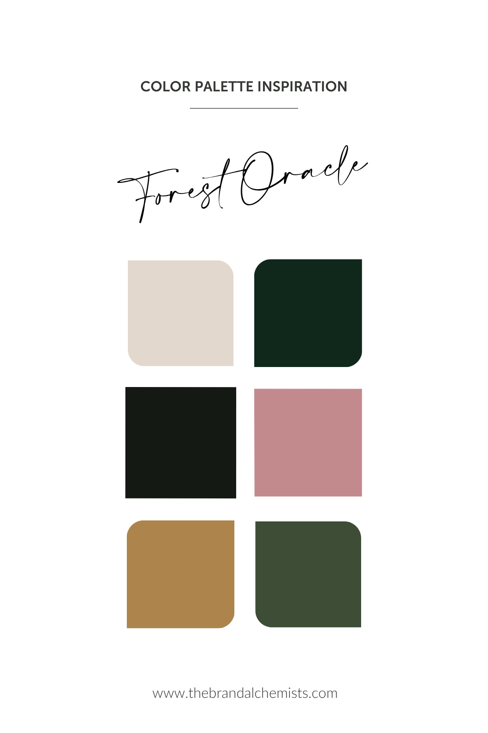 A color palette inspiration graphic titled 'Forest Oracle' with six rounded square color swatches arranged in two columns on a white background: warm off-white, dark forest green, black, dusty rose, tan, and olive green. Small text at the top reads 'COLOR PALETTE INSPIRATION' and website text at the bottom reads 'www.