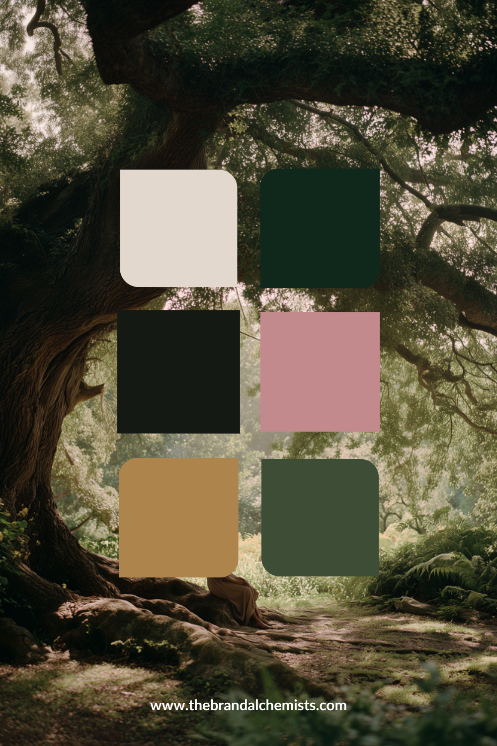 A color palette graphic featuring six rounded square color swatches (cream, forest green, black, dusty pink, mustard yellow, and sage green) overlaid on a forest background with a large tree trunk and dappled sunlight. The URL 'www.