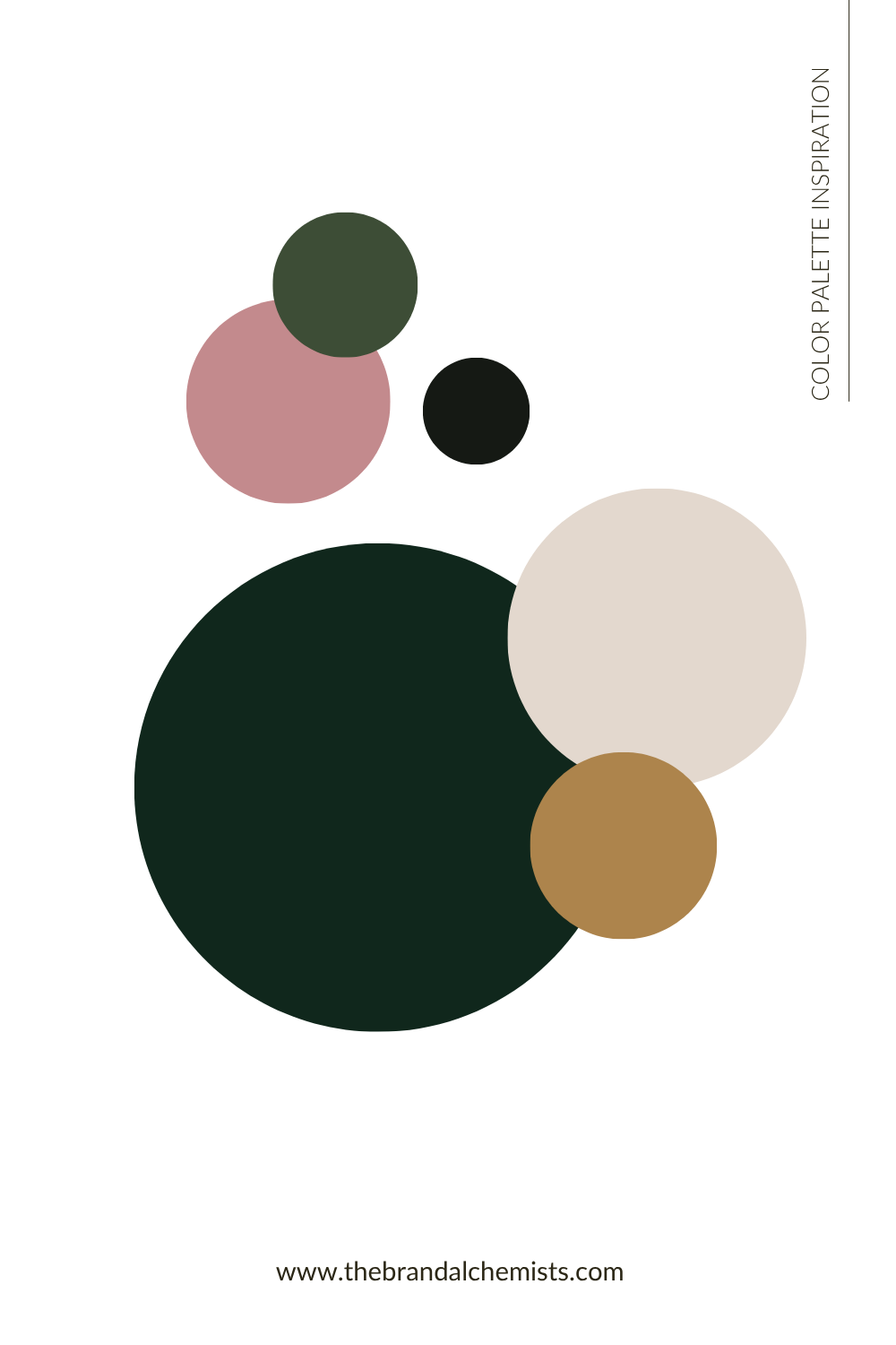 A minimalist color palette inspiration graphic featuring overlapping circles in dark forest green, dusty pink, black, cream, and tan on a white background, with vertical text reading 'COLOR PALETTE INSPIRATION' and a website URL at the bottom.