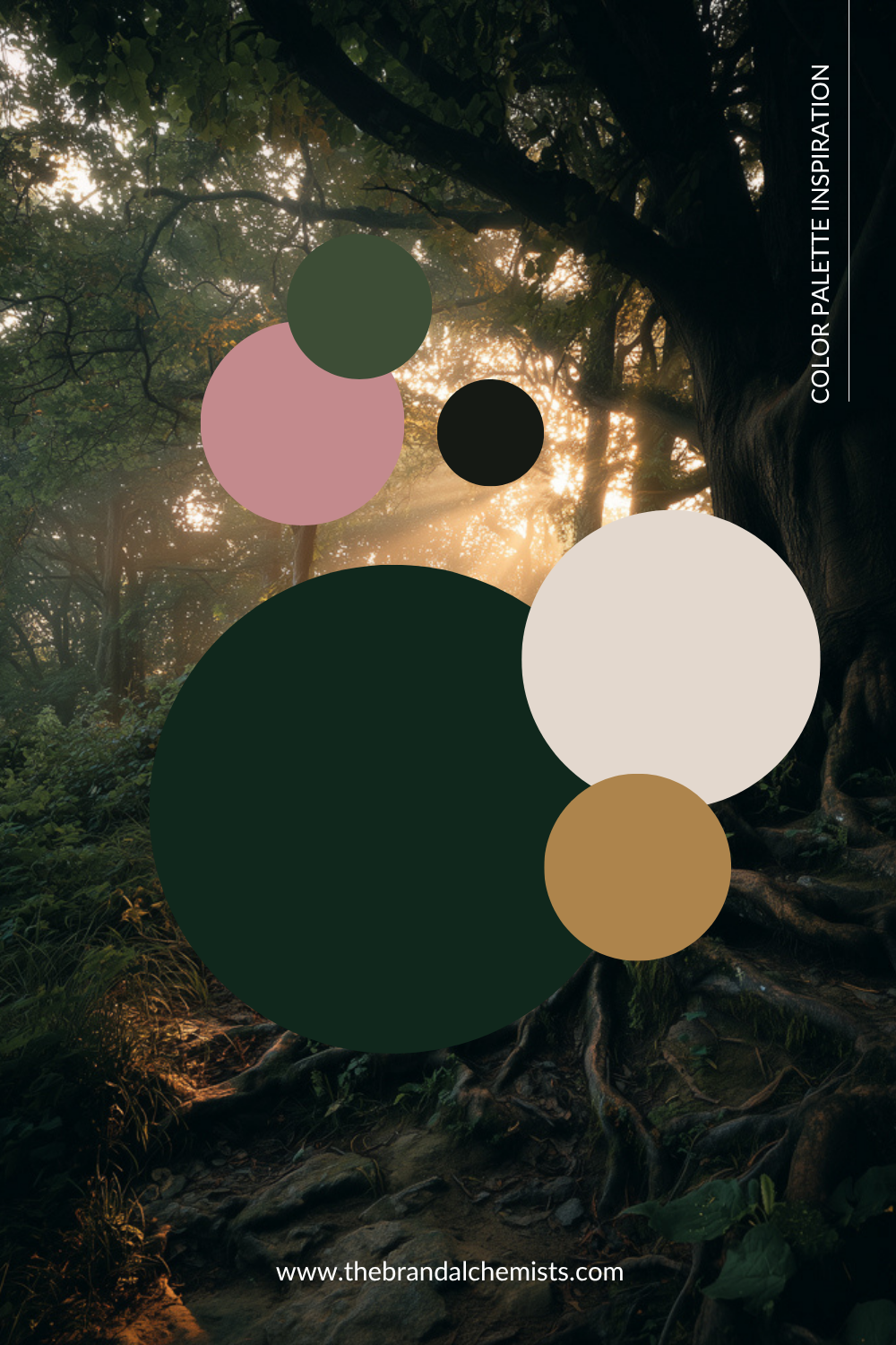 A color palette inspiration graphic featuring a forest background with sunbeams filtering through trees, overlaid with large color circles in dark green, dusty pink, black, cream, tan, and a smaller dark green circle. Text on the right reads 'COLOR PALETTE INSPIRATION' and the bottom shows 'www.