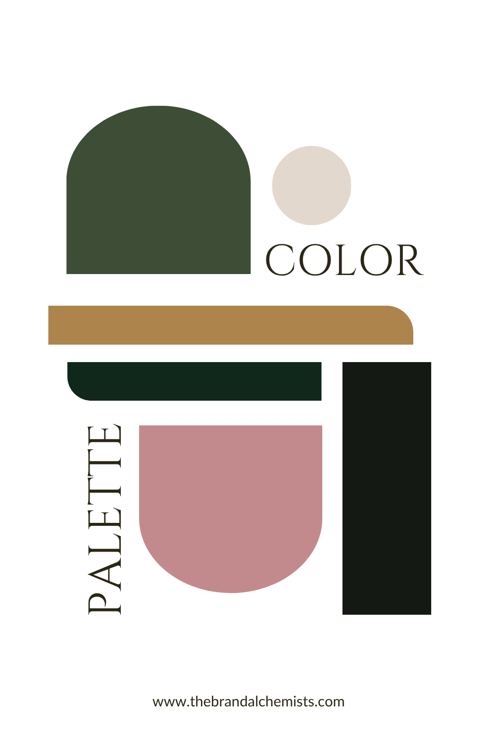 A minimalist color palette graphic with abstract geometric shapes in dark green, dusty pink, black, and tan on a white background, with the words 'COLOR PALETTE' and a website URL at the bottom.