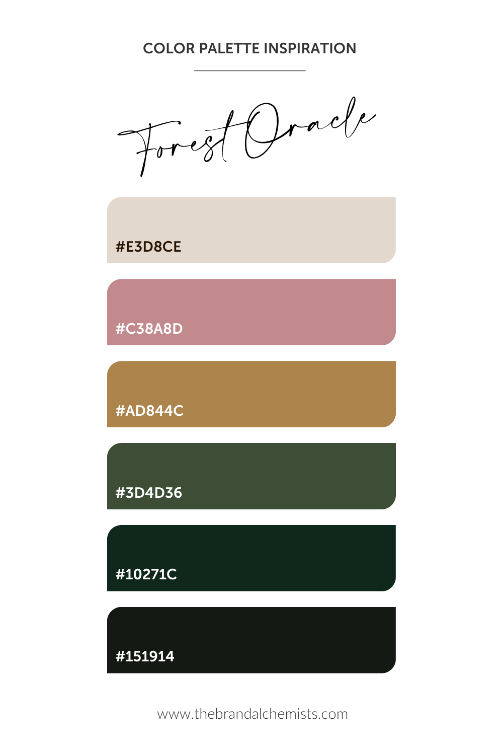 A color palette card titled 'Forest Oracle' showing seven color swatches with hex codes: a light warm beige, a dusty rose pink, a mustard gold, an olive green, a very dark forest green, and near-black. Text at the top reads 'COLOR PALETTE INSPIRATION' and 'Forest Oracle,' with a website URL at the bottom.