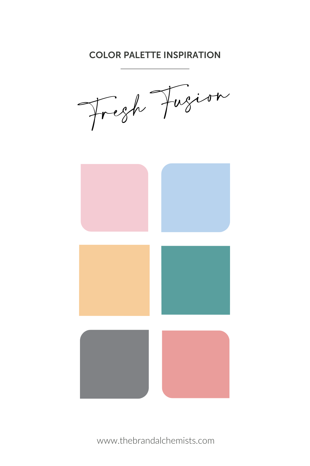 Fresh Fusion color palette featuring soft pink, sky blue, peach, muted teal, warm grey, and blush coral for a vibrant yet calming brand mood.