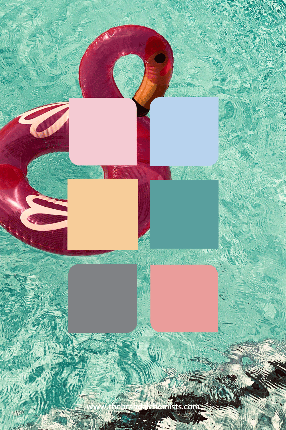 Color palette overlay on a summer pool scene with a pink flamingo float, showcasing light pink, pastel blue, soft orange, muted teal, deep grey, and coral pink tones.