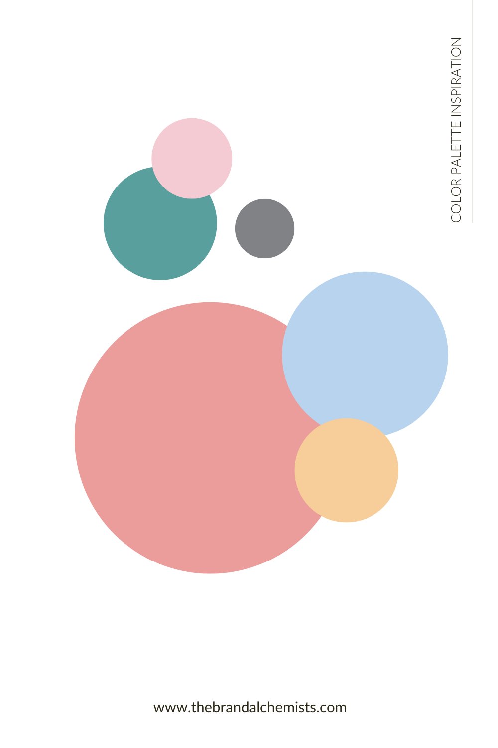 Circular color palette graphic with tones of light blue, dusty teal, blush pink, soft orange, and cool grey on a white background for modern brand inspiration.