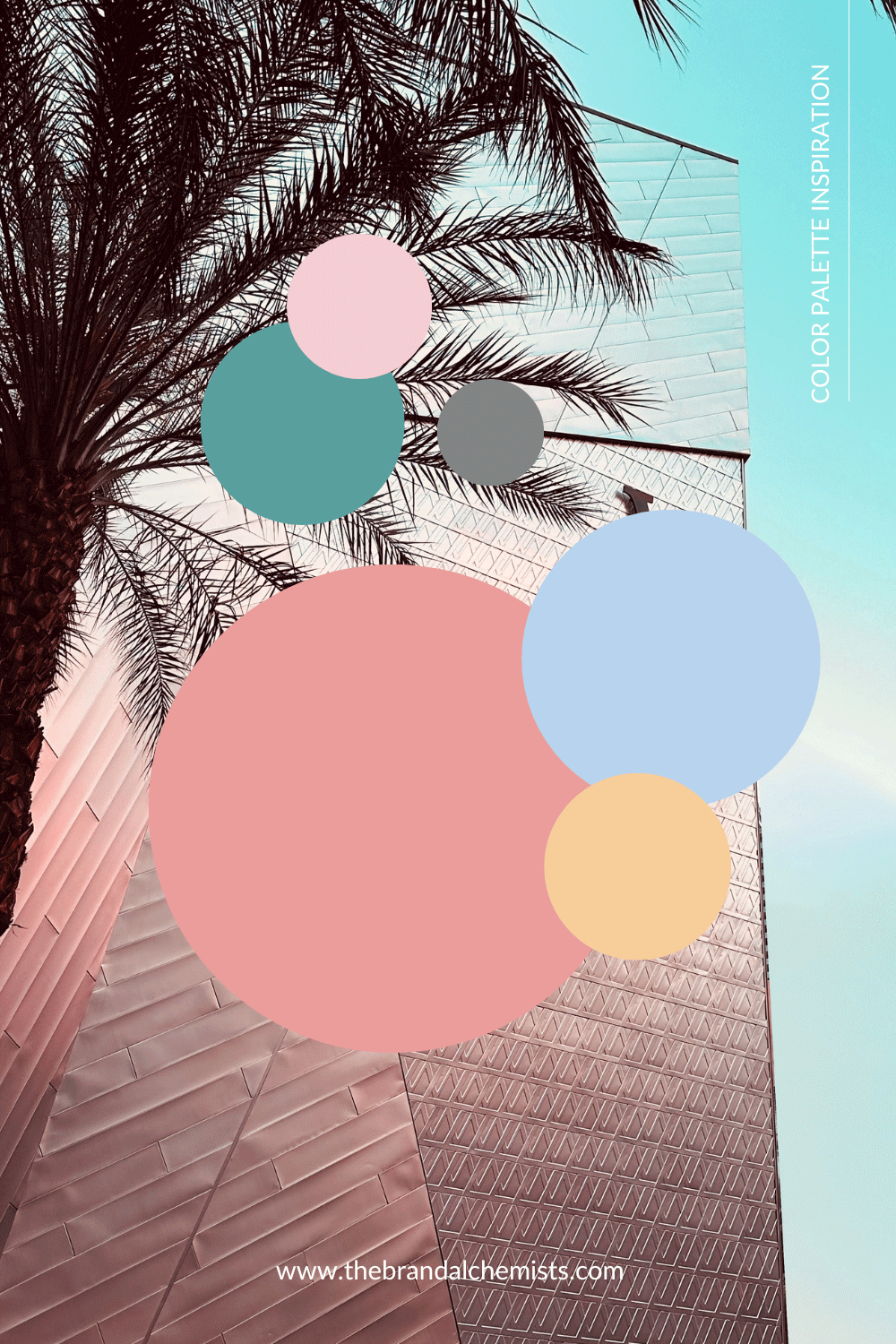Color bubbles layered over a palm tree and pink building facade, highlighting the playful and architectural mix of Fresh Fusion colors: pink, coral, teal, peach, sky blue, and charcoal grey.