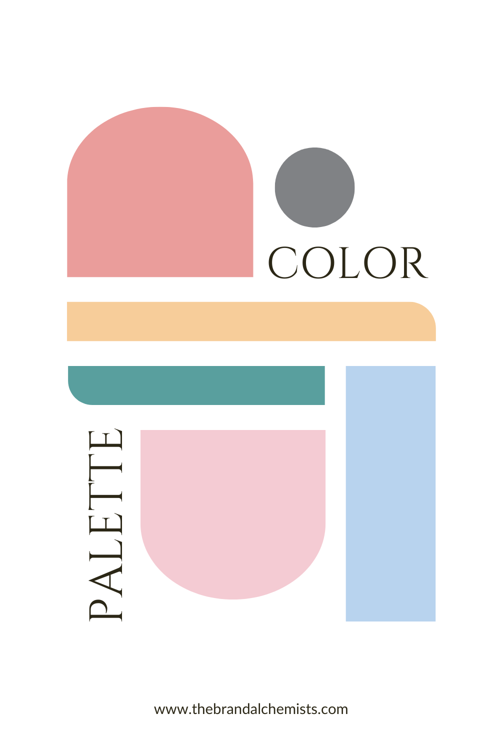 Editorial color layout design showcasing Fresh Fusion tones: peach, grey, blush pink, baby blue, teal, and coral in a geometric, retro-modern composition.”