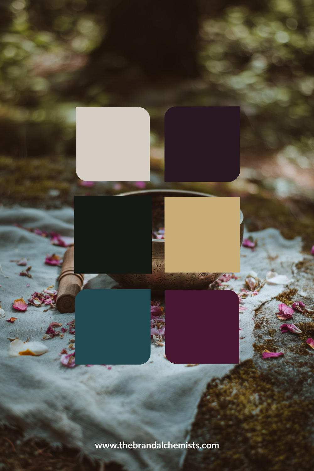 A color palette graphic with six rounded square color swatches overlaid on a moody, blurred forest and stone setting background. The swatches include warm cream, deep plum, black, tan, teal, and magenta.