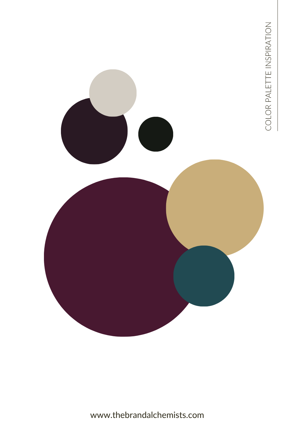 A minimalist color palette card featuring overlapping circles in deep plum, mustard, teal, black, and cream on a white background, with vertical text reading 'COLOR PALETTE INSPIRATION' and a website URL at the bottom.