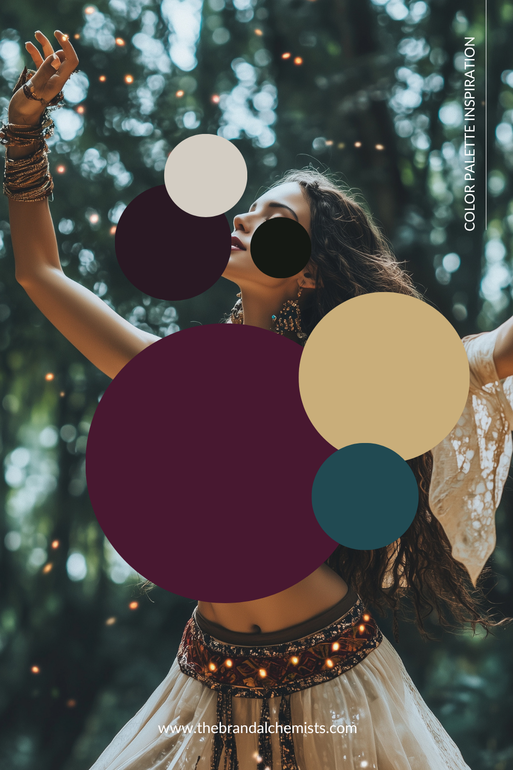 A dark, moody color palette inspiration graphic featuring a woman's hand arranging flowers on a table with an open book and candles. Large overlapping color circles in dusty rose, cream, olive green, charcoal, and blush are overlaid on the scene, with the text 'COLOR PALETTE INSPIRATION' and 'www.