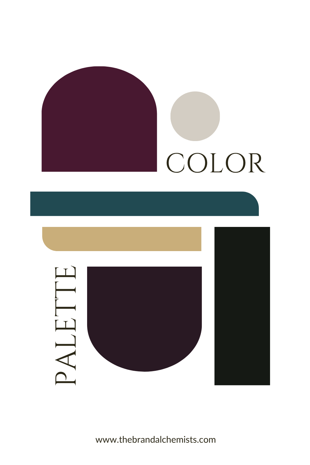 A minimalist color palette graphic on a white background with abstract color blocks and the words 'COLOR PALETTE' in serif text. The palette includes a deep plum shape, a light warm gray circle, a dark teal horizontal bar, a tan horizontal bar, a dark plum rounded rectangle, and a black rectangle.