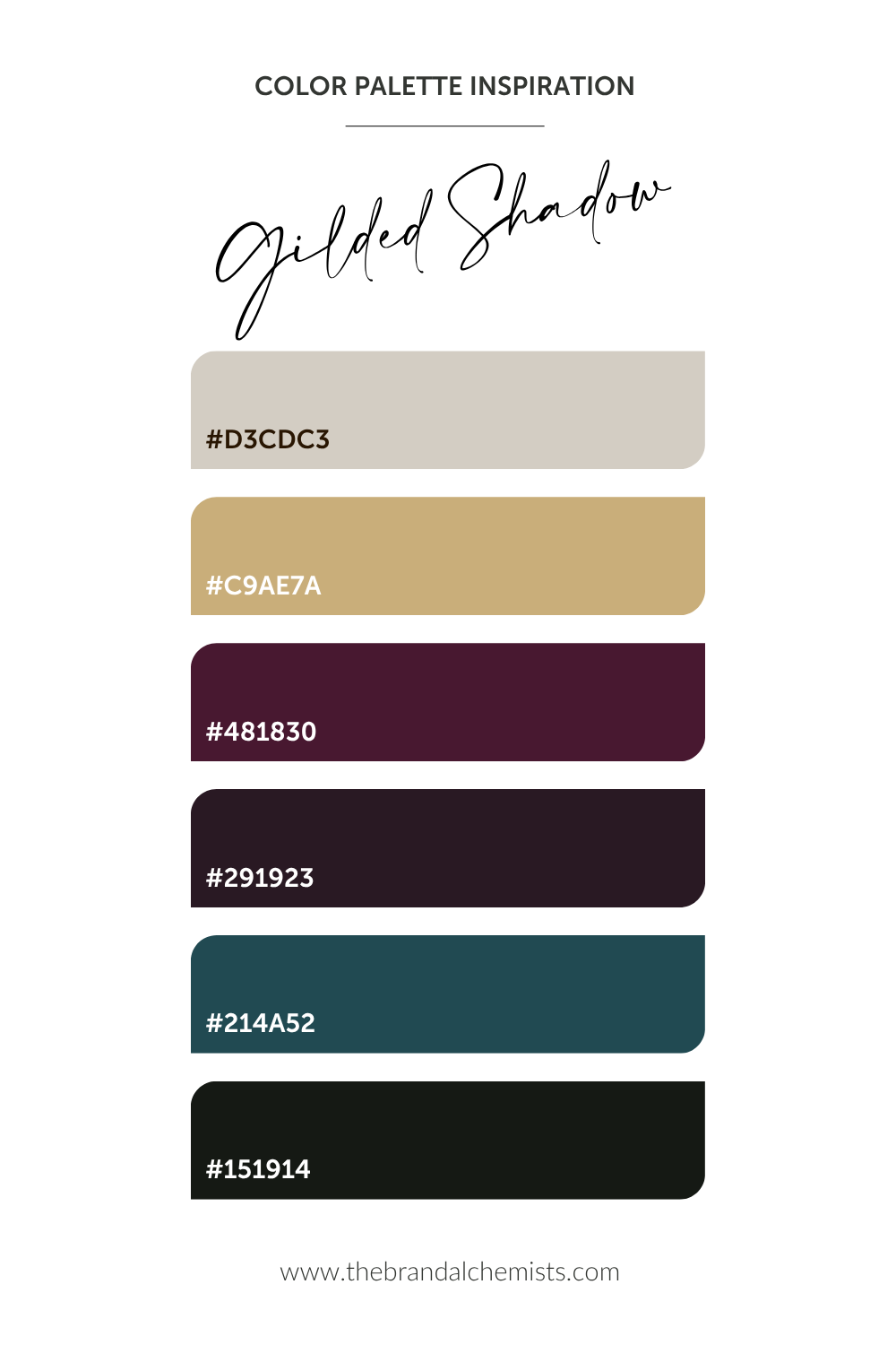 A color palette card titled 'Gilded Shadow' with six color swatches and hex codes: warm light beige, tan, deep plum, near-black plum, teal, and black. Text at top reads 'COLOR PALETTE INSPIRATION' and 'Gilded Shadow'; website 'www.