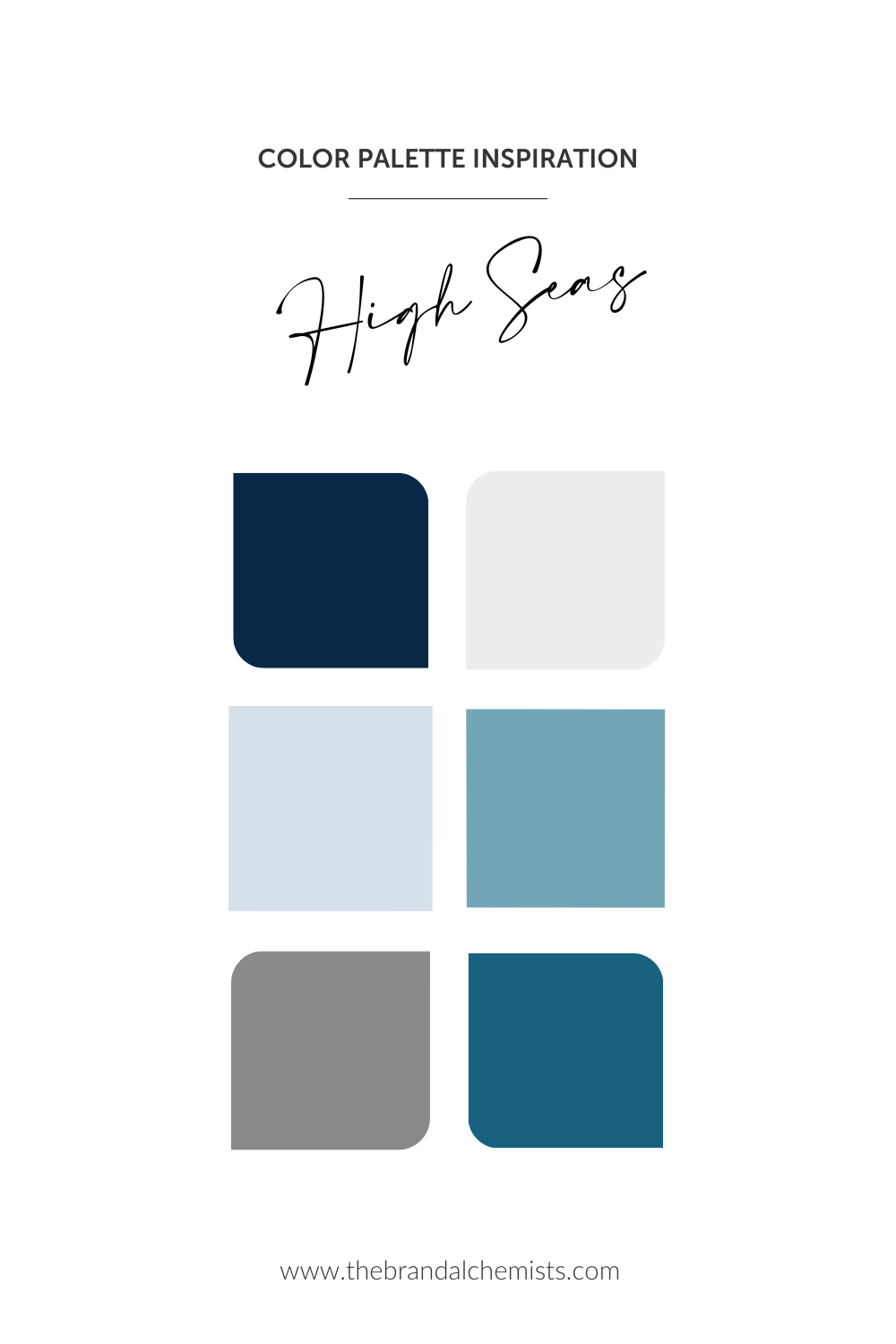 High Seas color palette featuring deep navy, icy blue, ocean teal, and soft grey for a clean and nautical-inspired aesthetic.