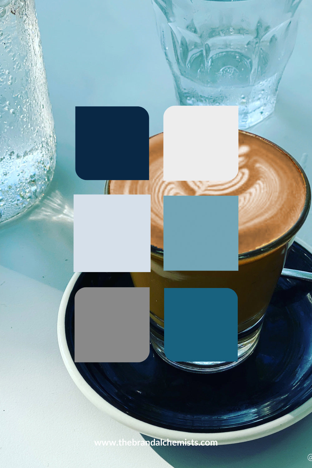 Flat lay photo of a coffee and water glass with the High Seas color palette overlaid — navy, teal, blue-grey, and soft white tones.