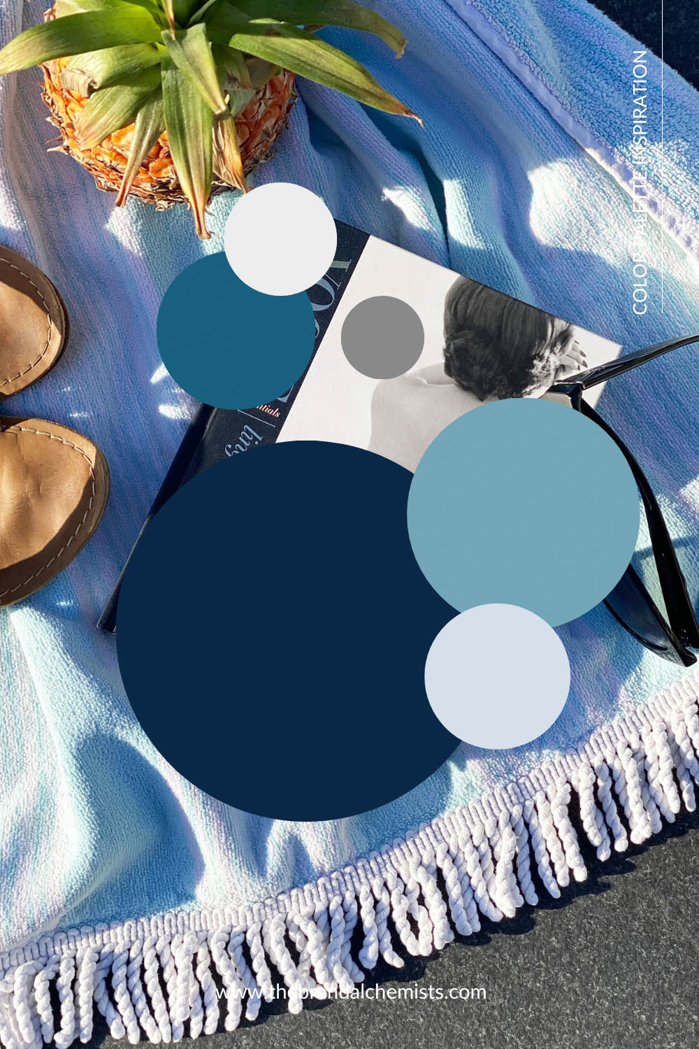Tropical summer scene featuring a pineapple, sandals, and sunglasses with High Seas color palette overlaid in deep blue, teal, and soft neutrals.