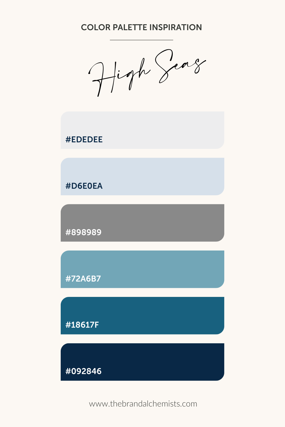 High Seas brand color palette with HEX codes, including navy #092846, teal #18617F, soft blue #D6E0EA, and grey #898989.