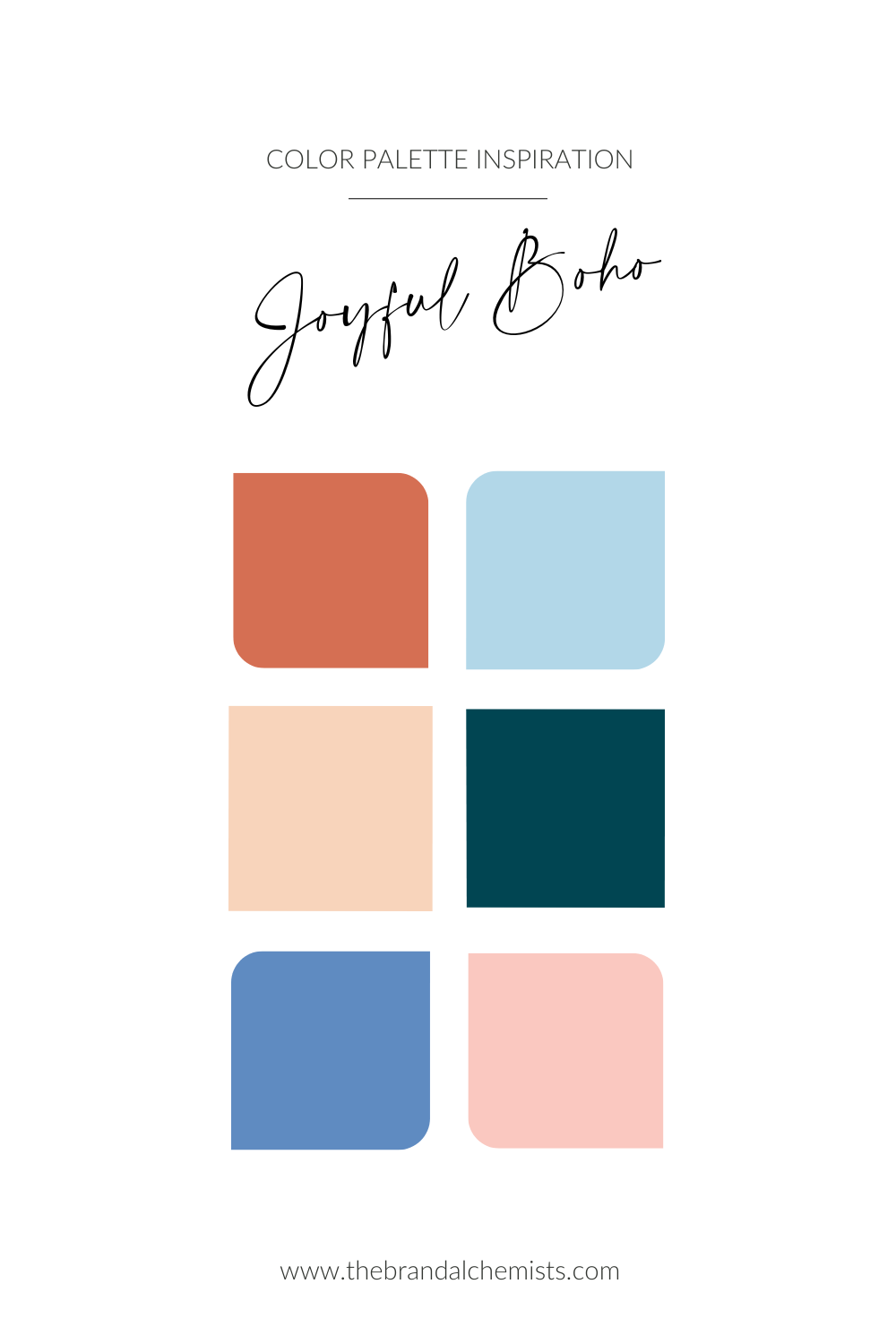 Joyful Boho color palette featuring warm terracotta, sky blue, blush pink, deep teal, soft peach, and periwinkle tones for playful, bohemian-inspired branding.