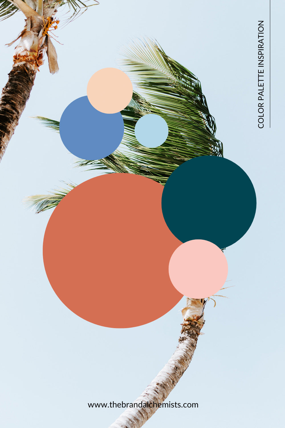 Joyful Boho color palette swatches overlaid on a tropical palm tree scene with blue sky, evoking carefree coastal vibes.